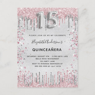 Quinceanera Silber rosa Metall Glitter Staub Einladungspostkarte