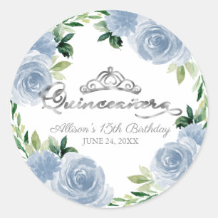 Quinceanera Silber-Tiara Hellblau floral Runder Aufkleber