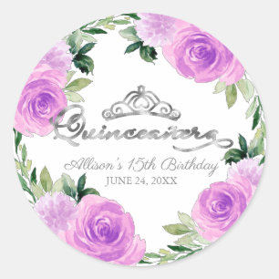 Quinceanera Silber-Tiara Hellviolette Blumen Runder Aufkleber