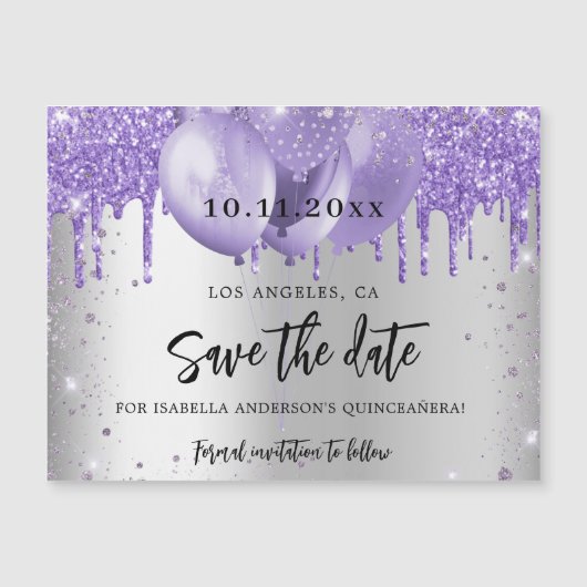 Quinceanera silber violett speichern Datums Magnet (Vorderseite)