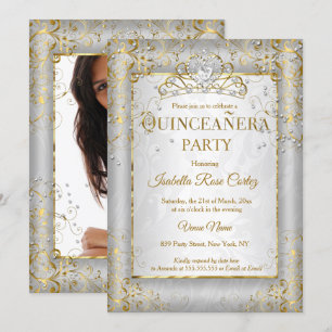 Quinceanera Silber Weiß Gold Tiara Foto-Party Einladung