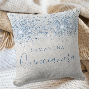 Quinceanera Silberblauer Glitzer fällt Monogramm a Kissen