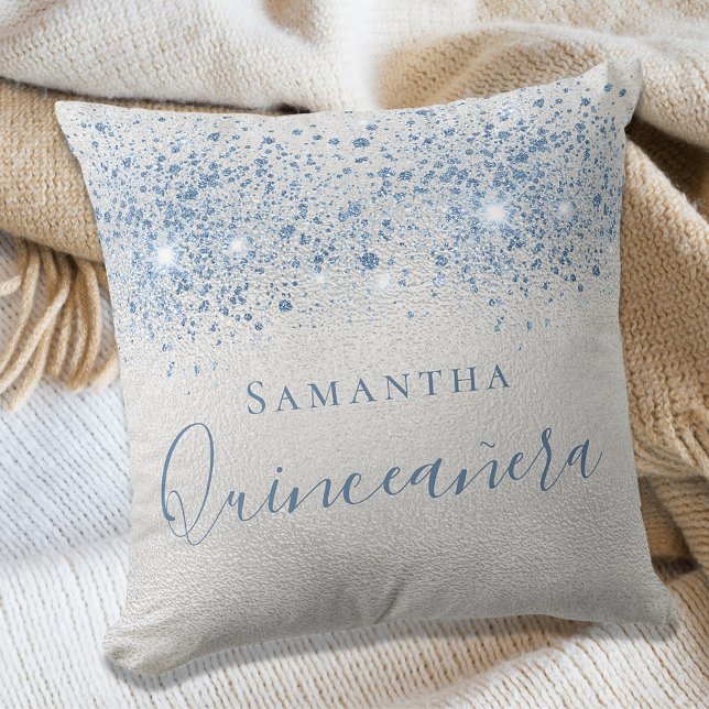 Quinceanera Silberblauer Glitzer fällt Monogramm a Kissen (Von Creator hochgeladen)