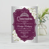 Quinceanera - Silberburgund Einladung (Stehend Vorderseite)