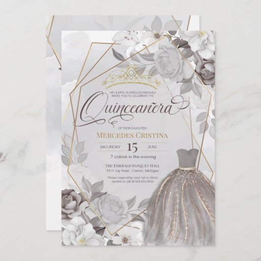 Quinceañera Silbergraugold extravagant Tiara & Gow Einladung (Vorne/Hinten)