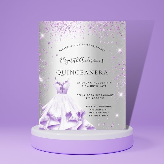 Quinceanera silberne lila Kleidung Glitzer Glasur Einladung