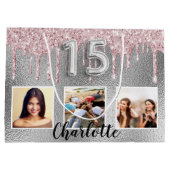 Quinceanera silberrot Glitzer Foto Name Große Geschenktüte (Rückseite)