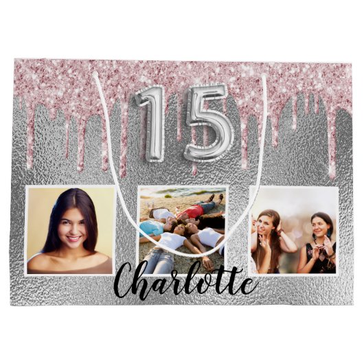 Quinceanera silberrot Glitzer Foto Name Große Geschenktüte (Rückseite)