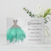 Quinceanera Silver Aqua Dress on Silver Aquamarine Einladung (Stehend Vorderseite)