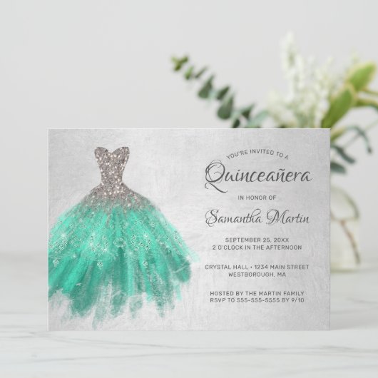 Quinceanera Silver Aqua Dress on Silver Aquamarine Einladung (Stehend Vorderseite)