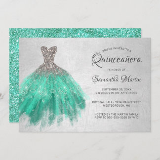 Quinceanera Silver Aqua Dress on Silver Aquamarine Einladung