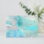 Quinceanera Silver Aqua Glitzer RSVP-Karte Einladung (Stehend Vorderseite)