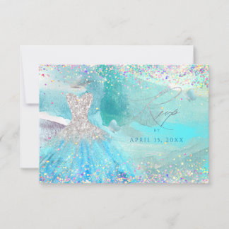 Quinceanera Silver Aqua Glitzer RSVP-Karte Einladung