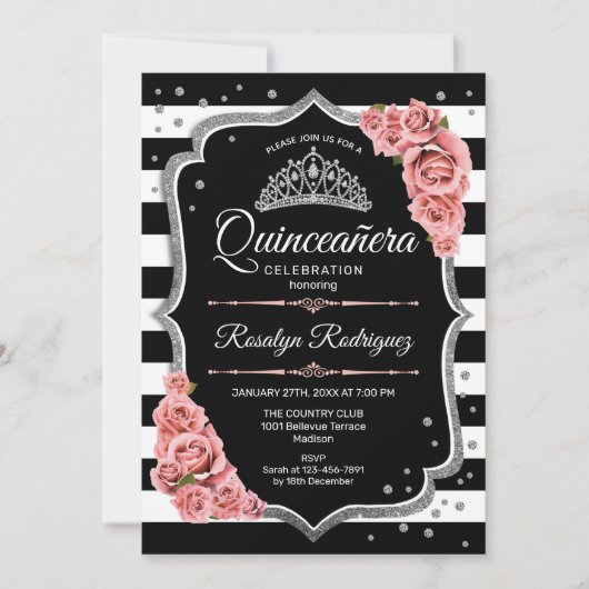 Quinceanera - Silver Black Blush Pink Einladung (Vorderseite)