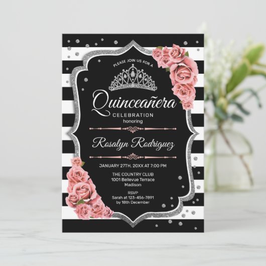 Quinceanera - Silver Black Blush Pink Einladung (Stehend Vorderseite)
