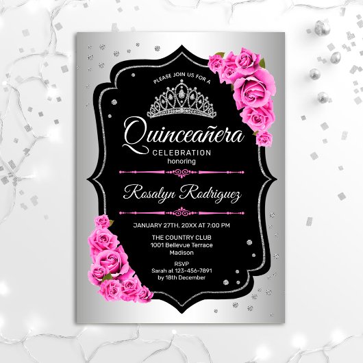 Quinceanera - Silver Black Pink Einladung