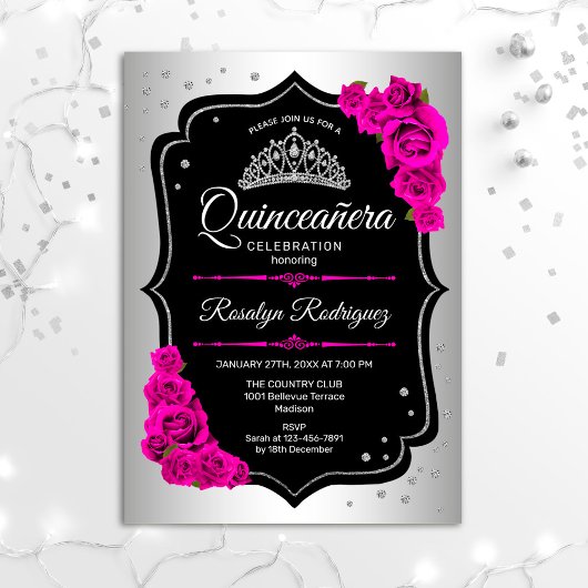 Quinceanera - Silver Black Pink Einladung