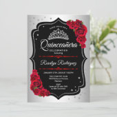 Quinceanera - Silver Black Red Einladung (Stehend Vorderseite)
