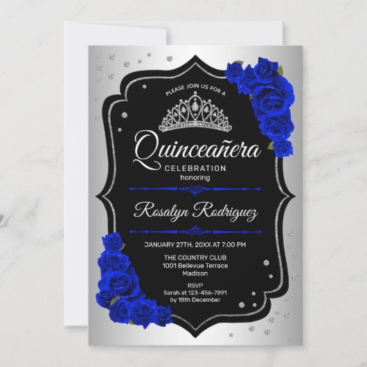 Quinceanera - Silver Black Royal Blue Einladung (Vorderseite)