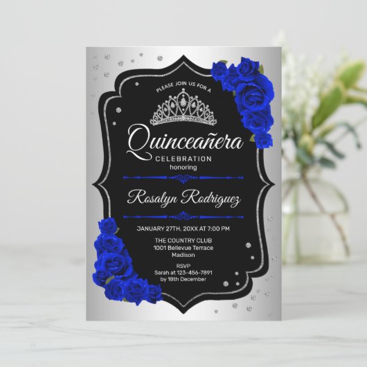 Quinceanera - Silver Black Royal Blue Einladung (Stehend Vorderseite)