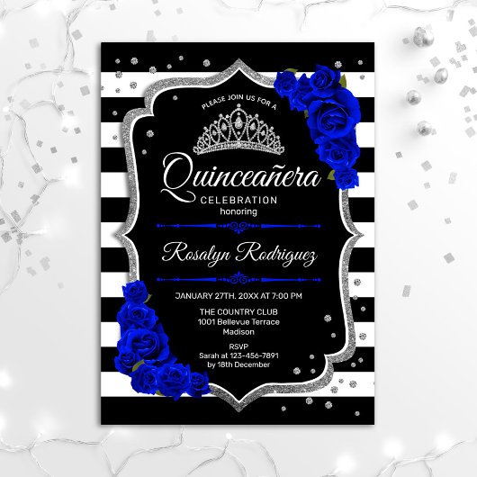 Quinceanera - Silver Black Royal Blue Einladung