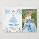 Quinceanera Silver Blue Floral Gown Foto Save The Date (Vorderseite)