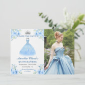 Quinceanera Silver Blue Floral Gown Foto Save The Date (Stehend Vorderseite)
