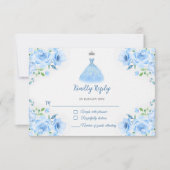 Quinceanera Silver Blue Floral Gown RSVP Karte (Vorderseite)