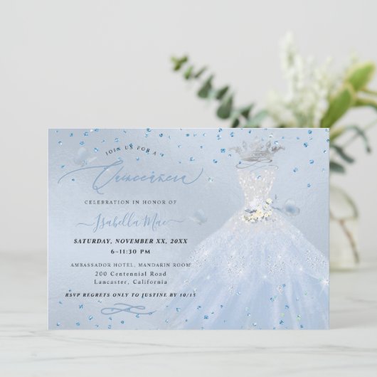 Quinceanera Silver Blue Quinceanera Dress Einladung (Stehend Vorderseite)