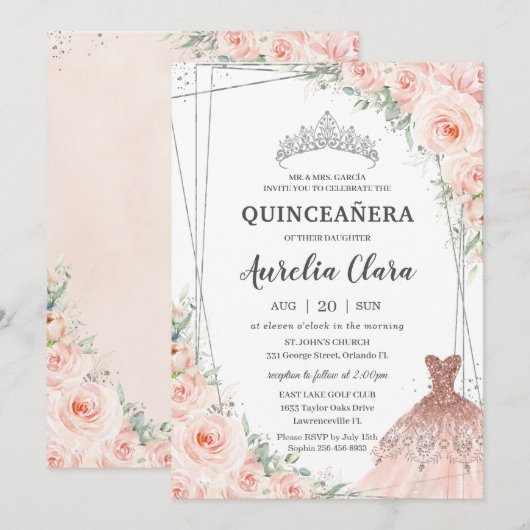 Quinceañera Silver Blush Princess Dress Einladung (Vorne/Hinten)