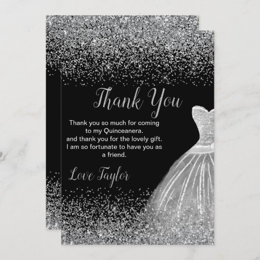 Quinceanera Silver Dress Faux Glitter Dankeskarte (Vorne/Hinten)