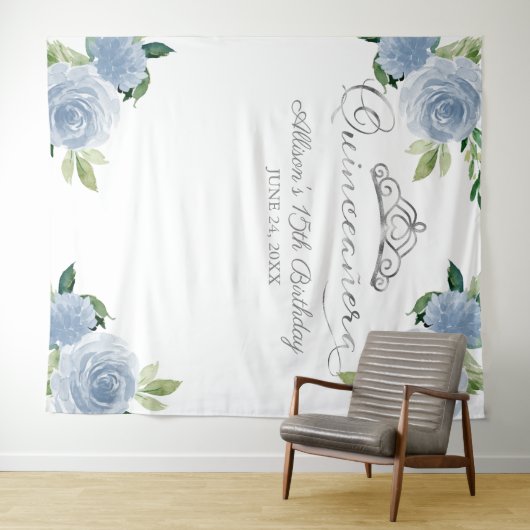 Quinceanera Silver Foil Tiara Blauer Hintergrund Wandteppich (Beispiel (Horizontal))