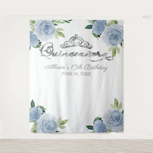 Quinceanera Silver Foil Tiara Blauer Hintergrund Wandteppich