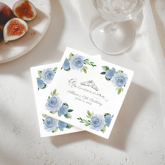 Quinceanera Silver Foil Tiara Light Blue Floral Serviette