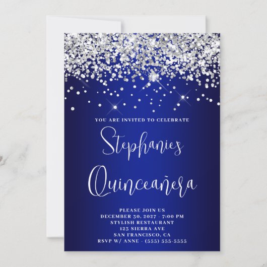 Quinceañera Silver Glitter Royal Blue Navy Ombre Einladung (Vorderseite)