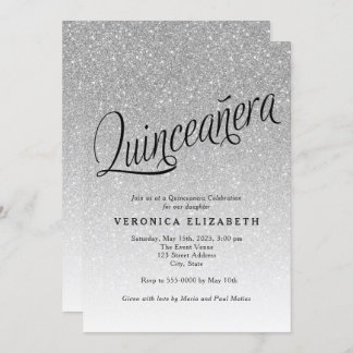 Quinceanera Silver Glitzer Geburtstagseinladung Einladung