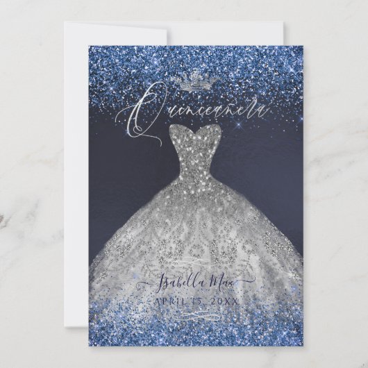 Quinceanera Silver Glitzer Gown Einladung (Vorderseite)