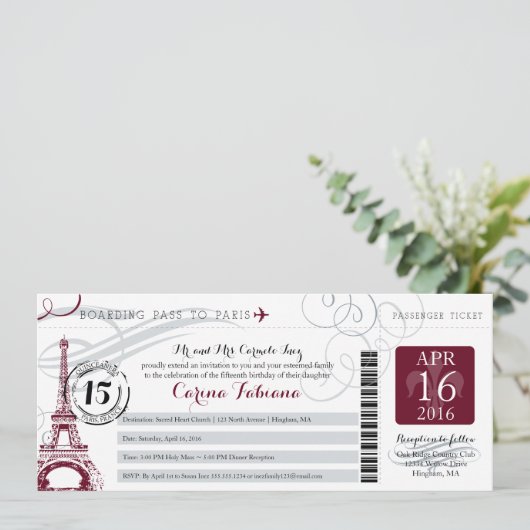 Quinceanera Silver Gray und Burgund | Paris Einladung (Stehend Vorderseite)