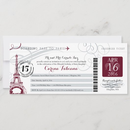 Quinceanera Silver Gray und Burgund | Paris Einladung (Vorderseite)