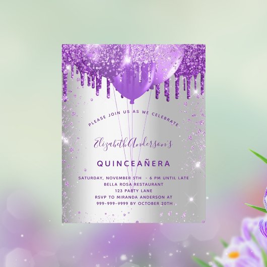 Quinceanera Silver lila Haushaltseinladung Flyer