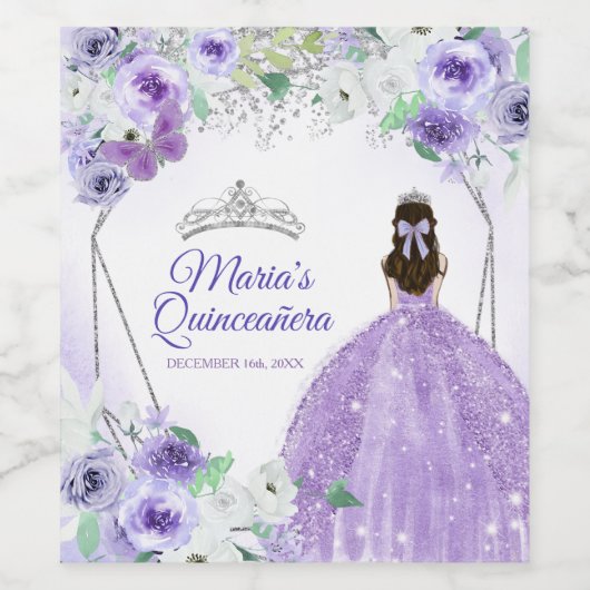 Quinceañera Silver & Lila Wein Flasche Weinetikett (Einzelnes Label)