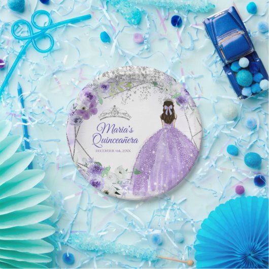 Quinceañera Silver & Purple Blumen Aquarell Pappteller (Party)