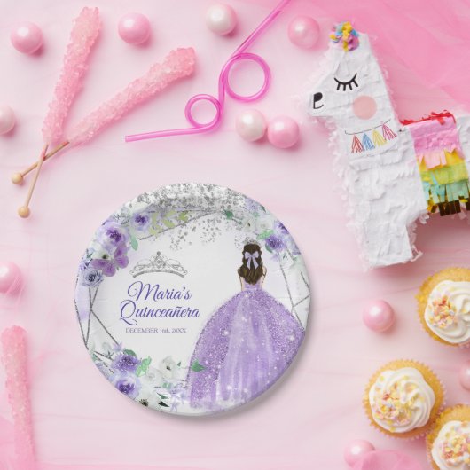 Quinceañera Silver & Purple Blumen Aquarell Pappteller (Party)