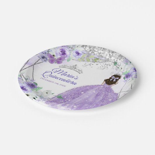 Quinceañera Silver & Purple Blumen Aquarell Pappteller (Schrägansicht)