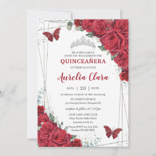 Quinceañera Silver Rote Rosen Blumenschmetterlinge Einladung