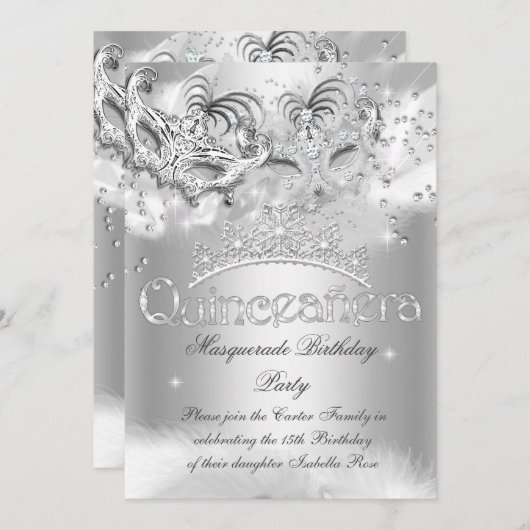 Quinceanera Silver Sparkle Masquerade Party Einladung (Vorne/Hinten)