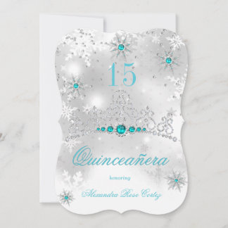 Quinceanera Silver White Aquamarin Blue Pearl Snow Einladung
