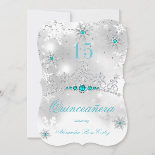 Quinceanera Silver White Aquamarin Blue Pearl Snow Einladung (Vorderseite)