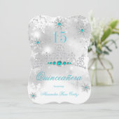Quinceanera Silver White Aquamarin Blue Pearl Snow Einladung (Stehend Vorderseite)
