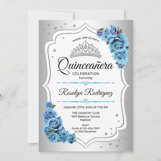 Quinceanera - Silver White Blue Einladung (Vorderseite)